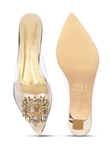 JM LOOKS Women's Kitten Heel Sandal Transparent Upper Embellished Rhinestone Pointed Peep Toe Sandal - Gold