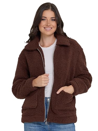 Steve Madden Sherpa Jacket Women - Oversized Faux Fur Winter Coats for Women, Shearling Fleece Plus Size Winter Jacket XS-3X, Espresso, Medium