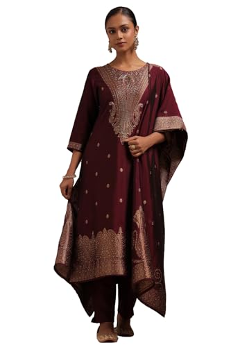 Soch Womens Wine Organza Zari Woven Suit Set With Cutdana