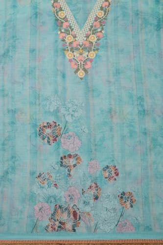 Soch Womens Powder Blue Linen Blend Floral Print Unstitch Dress Material With Thread Work