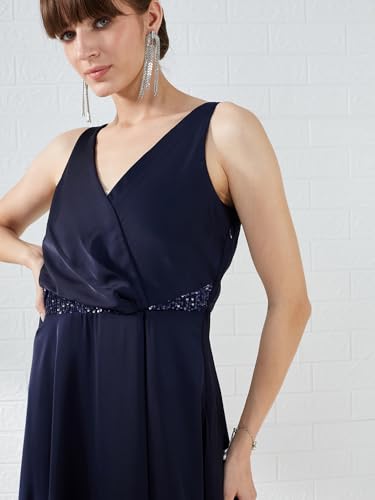 Latin Quarters Women's Blue Sleeveless V-Neck Solid Party Maxi Dress_M