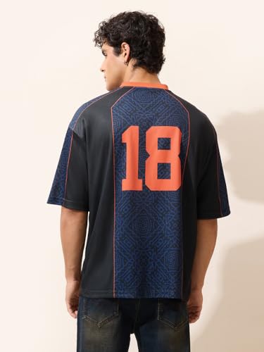 The Souled Store Cricket Men and Boys Short Sleeves V-Neck Black Graphic Printed Sporty Casual Lightweight Drop Shoulder Streetwear Easy Dry Trendy Oversized Jerseys
