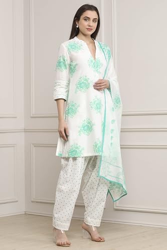 Biba Women Turquoise Cotton Straight Suit Set_42