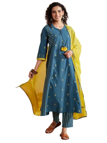 BIBA Cotton Dyed Straight Semi-Formal Kurta With Palazzo And Dupatta