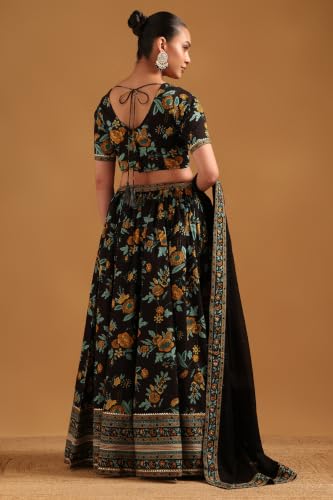Soch Womens Black Cotton Botanical Lehenga Choli Set With Gotta Patti