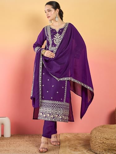Varanga Women Kurta With Zari Embroidered Yoke And Border, Paired With Solid Trousers And A Matching Bordered Dupatta.