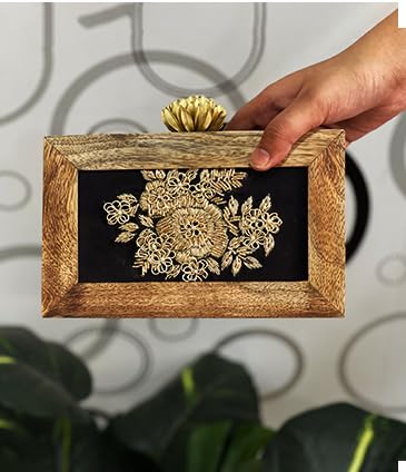 Handmade Crossbody Ethnic Wooden Clutch for Women – Unique Rose Embroidery, Latest Fashionable Purse for Any Outfit