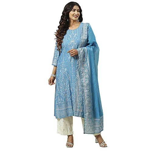 Biba Rayon Women's Ethnic Blue Kurta Suit Set (Size_S), small
