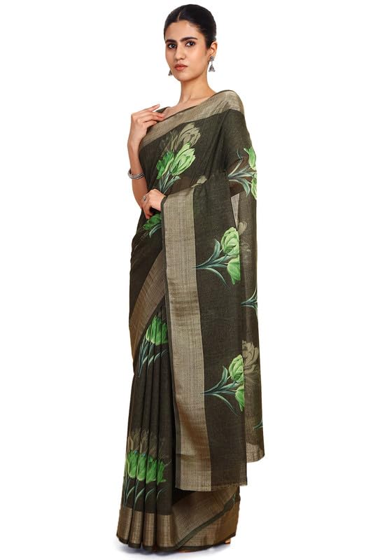 Soch Womens Green Linen Floral Print Saree