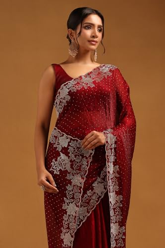 Soch Womens Maroon Fendy Organza Embellished Saree With Stone Work