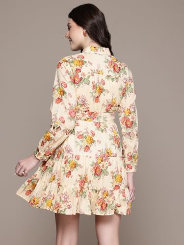 Label RITU KUMAR Collar Neck Full Sleeves Printed Short Dress with Belt Ecru