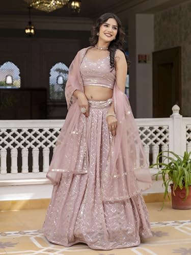 TRENDMALLS Women's Georgette Sequin Embroidery Work Lehenga Choli with Dupatta For Women (L300-LightPink-Semi-Stitch)