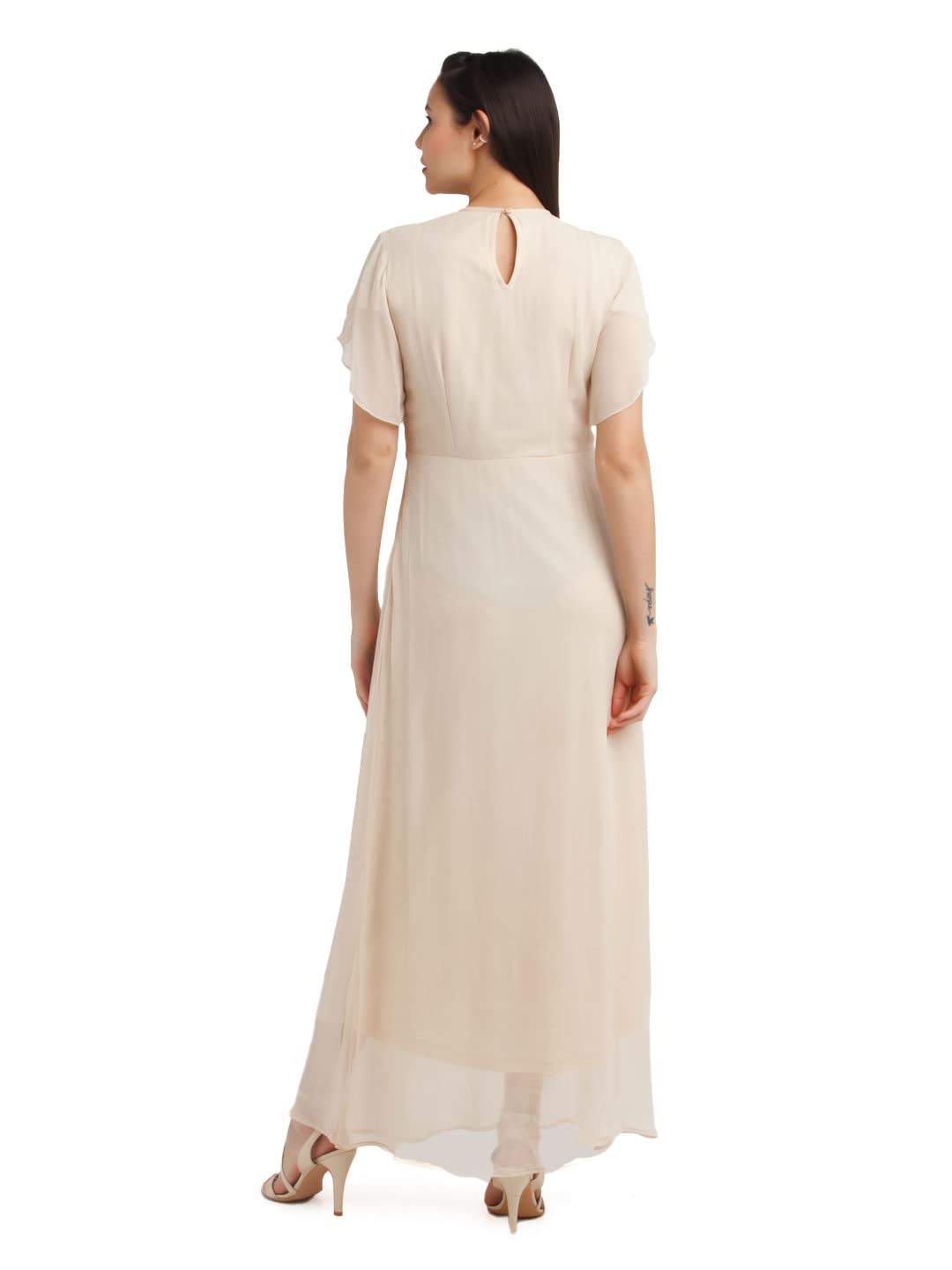 Zink London Women's Beige Embellished Flared Sleeve Maxi Dress