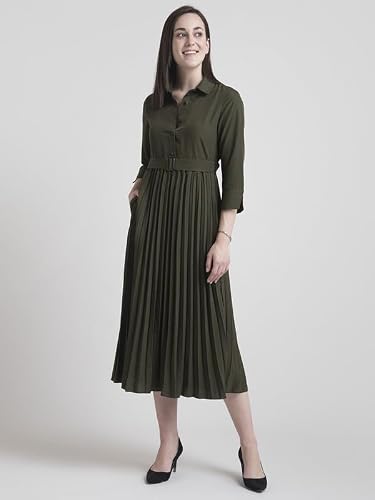 FableStreet Women's Polyester Collared Pleated Fit and Flare Midi Dress - Olive
