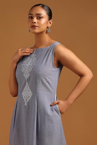 Soch Womens Blue Chambray Ethnic Motifs Dress with Machine Embroidery and Thread Work