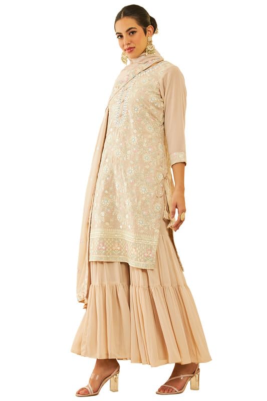 Soch Womens Beige Georgette Sequinned Embellished Suit Set with Tie-Ups
