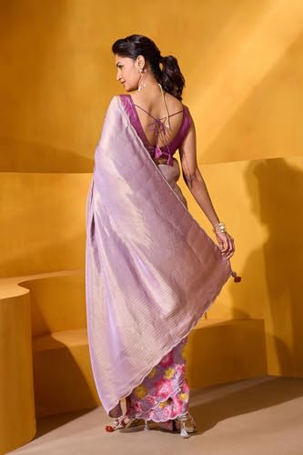 Taneira Women Violet Viscose Tissue Embroidered Saree with Unstitched Blouse Piece (SAPP01AA0723-Violet)