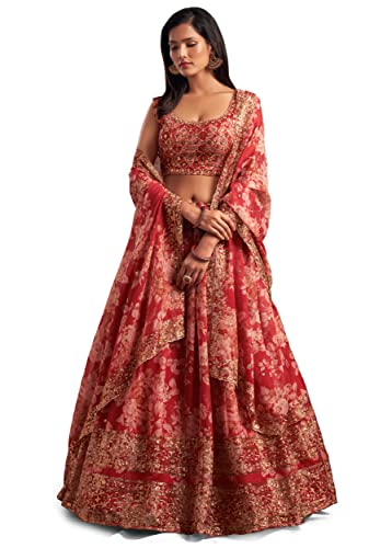 Zeel Clothing Women's Organza Floral White Semi-Stitched Lehenga Choli (7617-Red-Women-Floral-Lehenga-Latest, Corel Red)