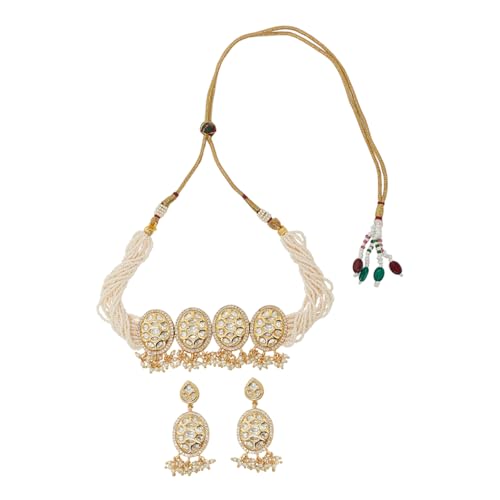 VOYLLA Faux Kundan and Pearls Embellished Gold Plated Traditional Jewellery Set