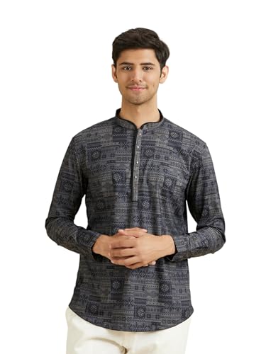 Manyavar Men's Cotton Blend Printed Short Kurta(Dark Grey,XXXL)