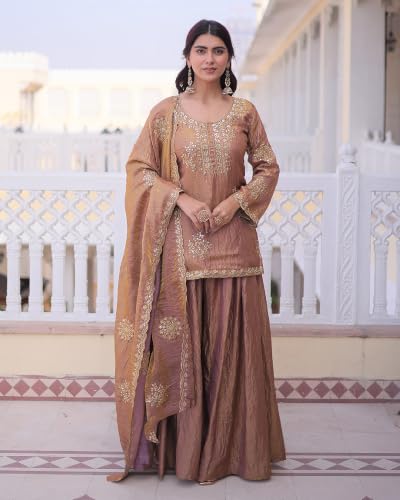 Women's Silk Blend Embroidered Kurta Set With Palazzo And Dupatta