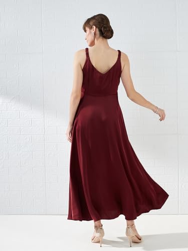Latin Quarters Women's Maroon Sleeveless V-Neck Solid Party Maxi Dress_XL