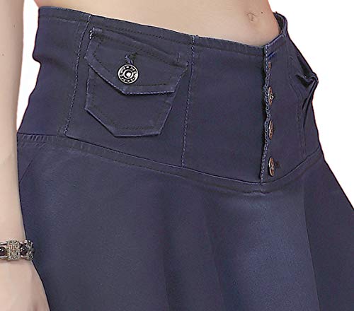 FCK-3 Stretchable Denim Dark Blue Color Flared Broad Waist Band Four Buttoned Lightly Faded Skirt for Women-32