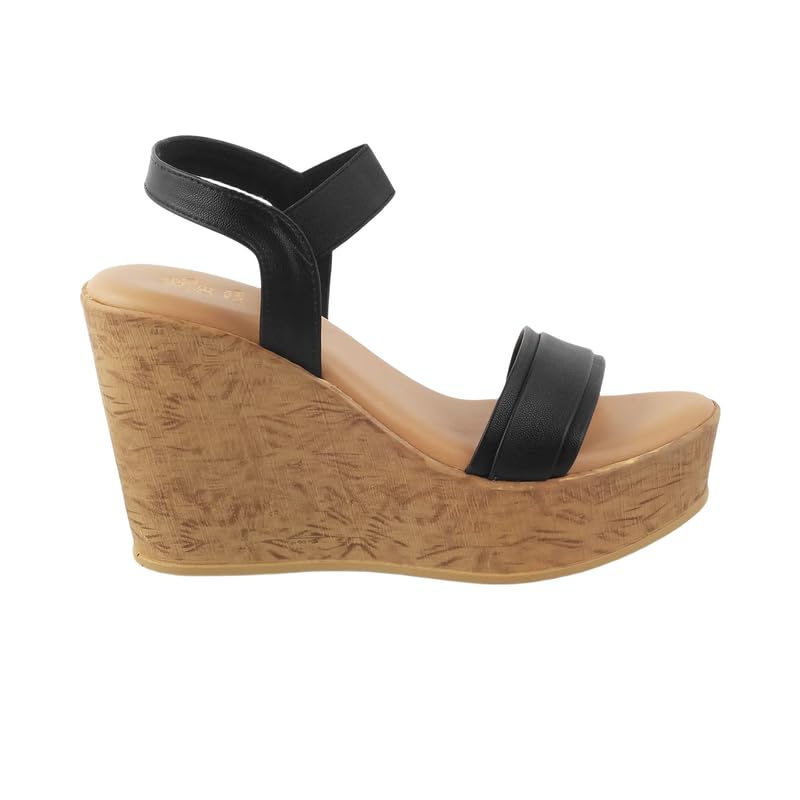 tresmode Pagiri Women’s Black Wedge Sandals | Vegan Leather | TPR Sole in Size 2 UK / 35 EU