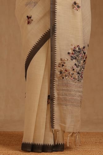 Soch Womens Black Linen Floral Hand Embroidered Saree