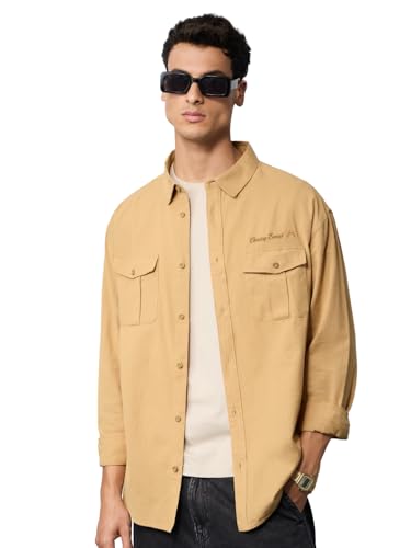 The Souled Store Cotton Linen: Chasing Sunset Men and Boys Long Sleeves Collared Neck Button Front Beige Embroidered Regular Fit Cotton Linen Shirts