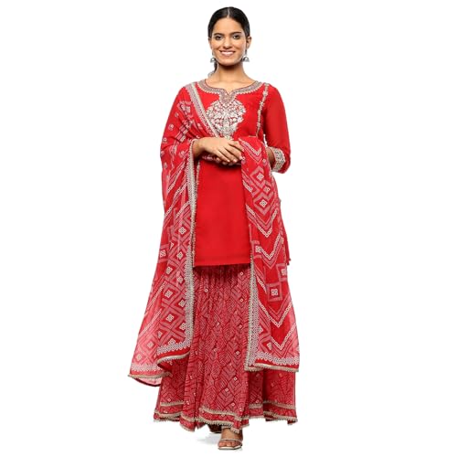 BIBA Women's Red Polyester Blend Straight Suit Set_38
