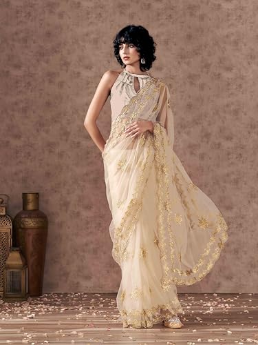 Womanista Women's Net Embroidered Saree (TI6565_Cream)