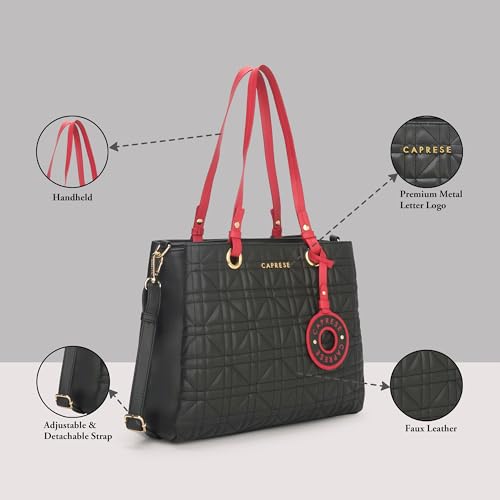 Caprese Aimee Large Quilted Faux Leather Satchel Bag for Women | Dual Closure, Multi-Compartment Shoulder & Crossbody Handbag with Detachable Strap | Perfect for Work, Travel & Shopping (Black)