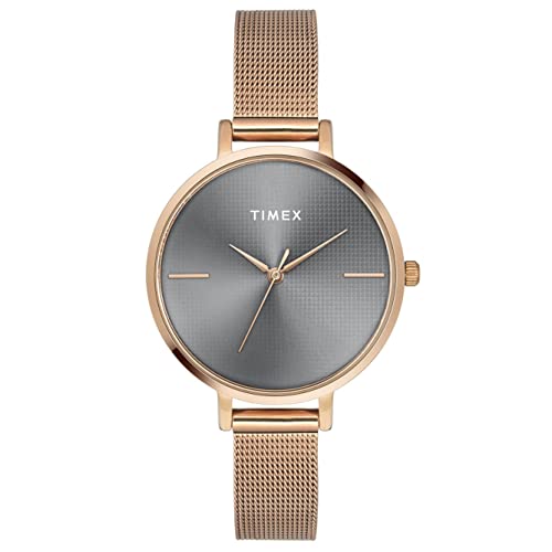 TIMEX Analog Watch for Women with Grey Round Dial & Rose Gold Stainless Steel Bracelet Band Water Resistant Women's Wrist Watches - TWEL155SMU05