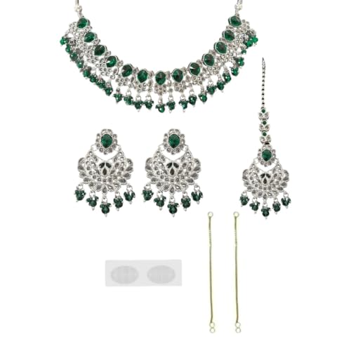ACCESSHER Blue Silver Tone AD Necklace Set With Matching Earrings & Maangtikka with a Pair of Gold Plated Earring Supporter & Maangtikka Supporter Patch Sticker | For Women & Girls