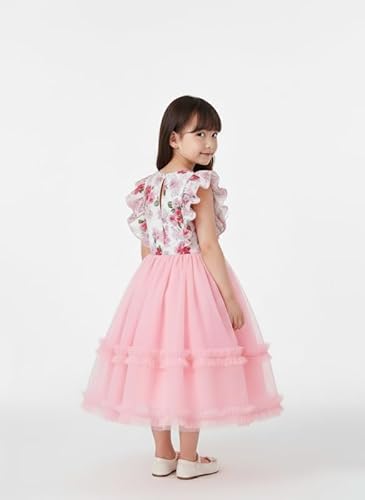 KIYOL Girls Floral Print Layered Party Dress with Ruffle Sleeves and Round Neckline | Elegant Net Fabric Flared Gown for Festive and Special Occasions (Ocean-Pink-2-3 Y)