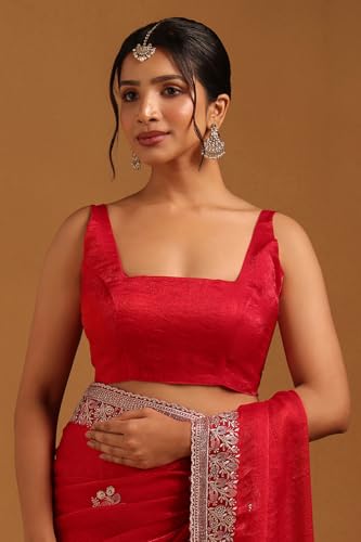 Soch Womens Red Fendy Organza Floral Saree With Stone Work