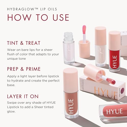 HYUE HydraGlow™ Lip Oil | Color Reviving | Intense 24HR Hydration | Non-Sticky | Lightweight Formula | 6 ml | With Cherry, Jojoba Oil, Kakadu Oil and Vitamin E | Crystal-like Shine | Chunky Applicator