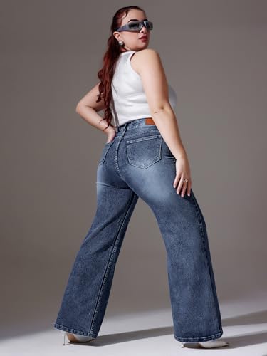 Miss Chase A+ Women's Wide Leg High Rise Regular Length Stretchable Denim Jeans (APSS25DEN78-10-354-28, Prussian Blue, 28)