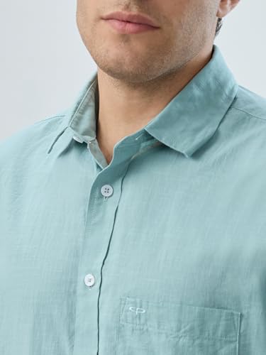 Colorplus Men Regular Fit Solid Pattern Pure Cotton Plain Collar Full Sleeve Casual Shirt Green