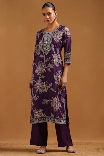 Soch Womens Purple Desert Storm Floral Salwar Suit With Mirror Work