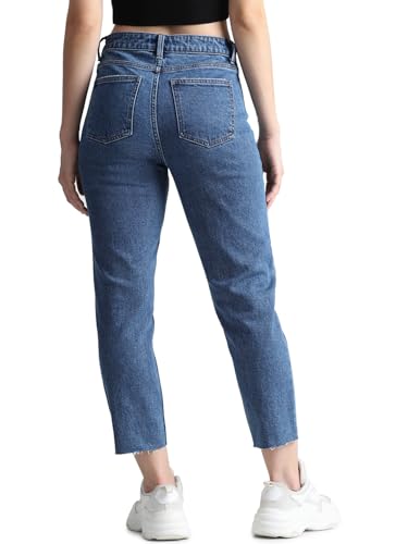 ONLY Women Solid Cotton Straight Fit Mid Rise Blue Jeans