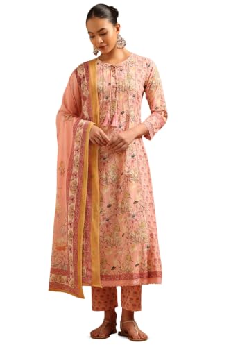 Soch Womens Pink Cotton Floral Printed Salwar Suit With Lace