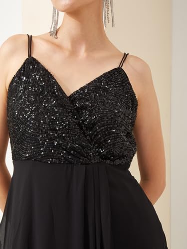 Latin Quarters Women Black V- Neck Sleeveless A-Line Sequined Party Dress_M