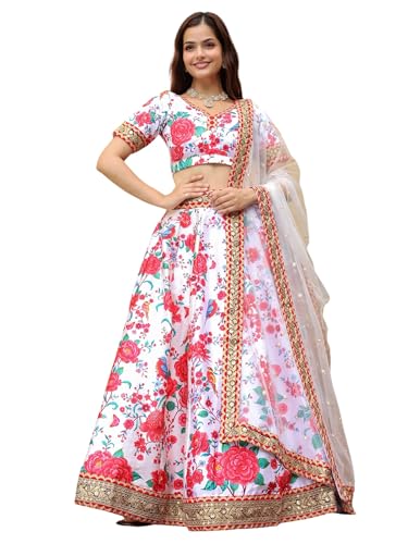Zeel Clothing Women's Art Silk Digital Print With Dori, Sequins, And Stone Work Art Silk Semi Stitched Lehenga Choli With Dupatta (7512-White-Red-Wedding-Floral-Lehenga-Choli; Free Size)