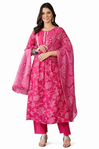 VARNI FABRIC Rayon Kurta Set for Women |Full Sleeves Floral Printed A-Line Kurta Set | Woman Salwar Suit with Pant & Dupatta | Festive Wedding Ethnic Wear | Prefect for Office Summer | Rani | 3XL