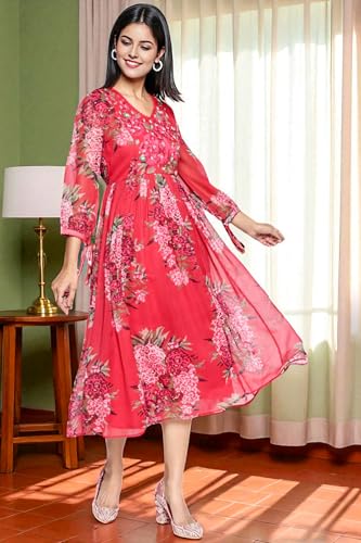 W for Woman Crimson Red Printed Chiffon Flared Dress (Size: M)-W12964-125850