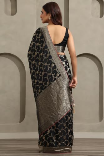 Soch Womens Black Crepe Botanical Zari Woven Saree