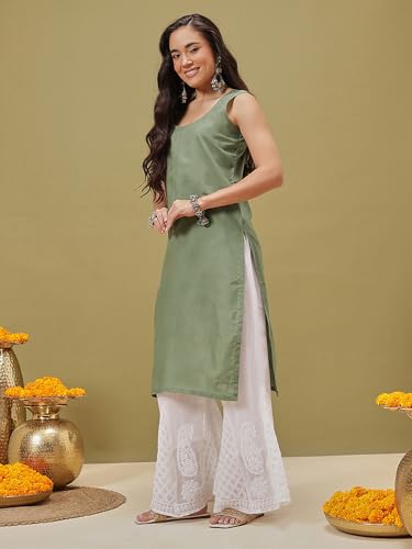 Ada Lucknowi Hand Embroidery Chikankari Georgette Kurta Kurti with Slip for Women A411217 Green (M)