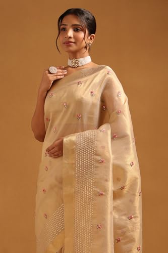 Soch Womens Beige Kota Floral Hand Embroidered Saree With Sequins